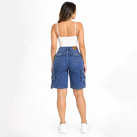 J1510 | Short Bermuda Mezclilla Tiro Alto Azul Lavado con Push-Up