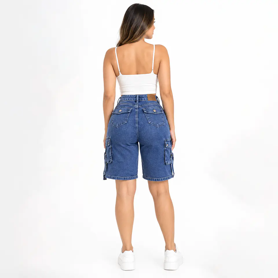 J1510 | Short Bermuda Mezclilla Tiro Alto Azul Lavado con Push-Up 2