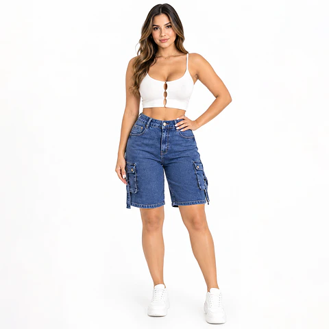 J1510 | Short Bermuda Mezclilla Tiro Alto Azul Lavado con Push-Up