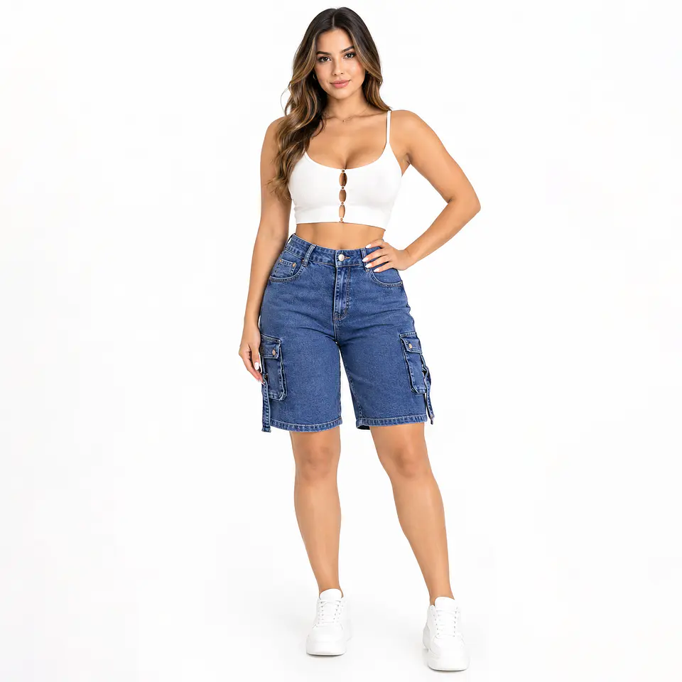 J1510 | Short Bermuda Mezclilla Tiro Alto Azul Lavado con Push-Up 1