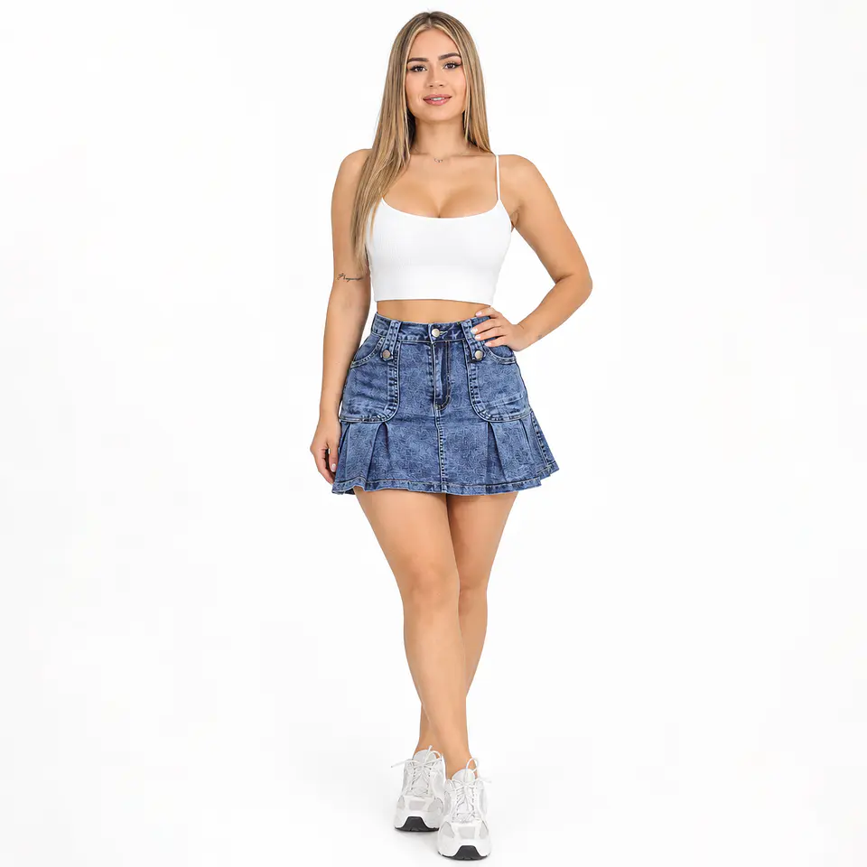 J3033 | Falda Short Mezclilla Tiro Alto Azul Jaspeado con Push-Up 1