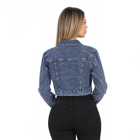 J8054 | Chaqueta Crop de Mezclilla Azul Jaspeado | Estilo Urbano y Moderno
