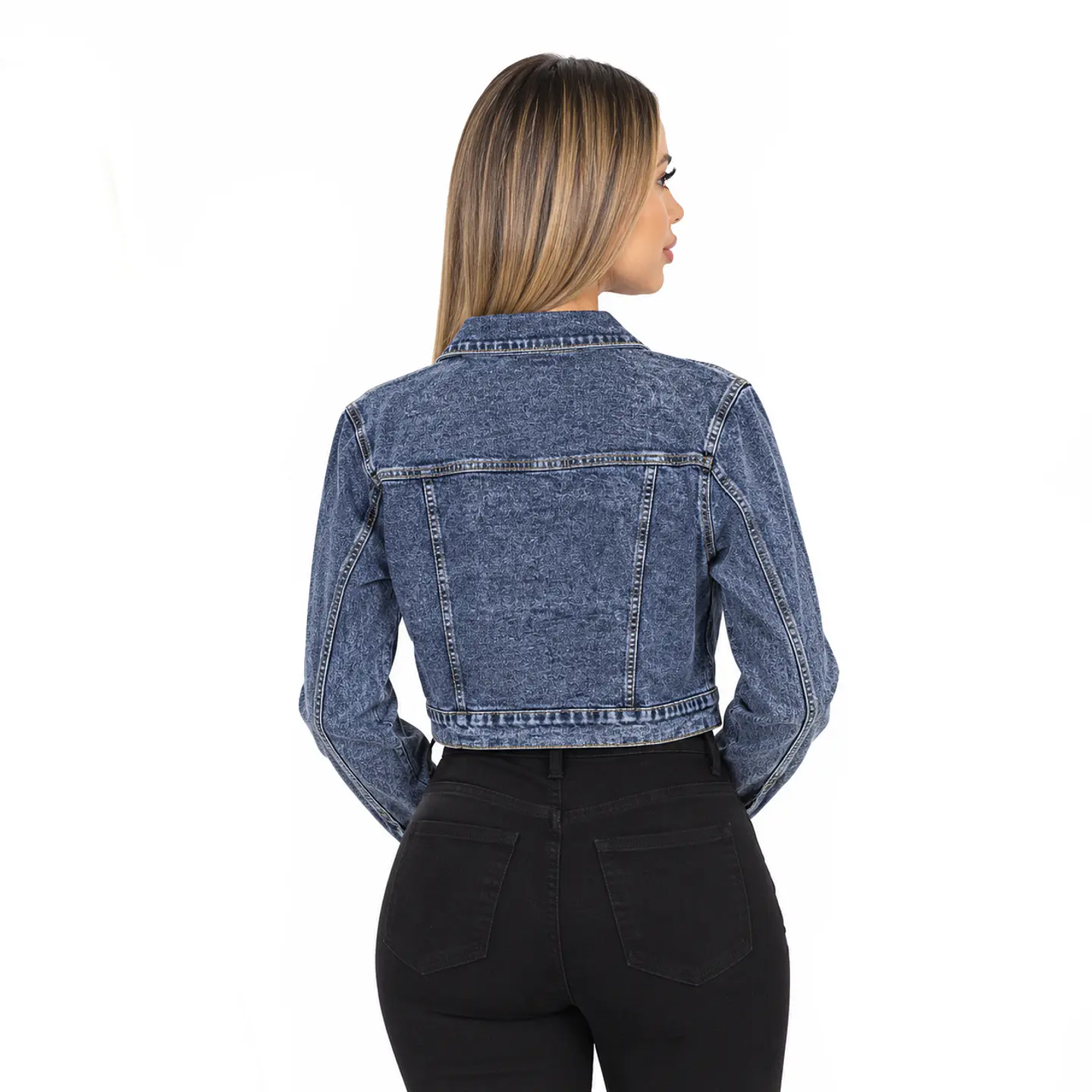 J8054 | Chaqueta Crop de Mezclilla Azul Jaspeado | Estilo Urbano y Moderno 2
