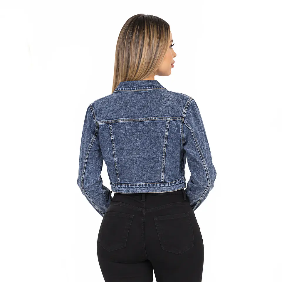 J8054 | Chaqueta Crop de Mezclilla Azul Jaspeado | Estilo Urbano y Moderno 2