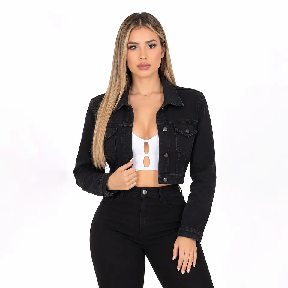 J8052 | Chaqueta Crop de Mezclilla Negro Solido | Estilo Urbano y Moderno 1