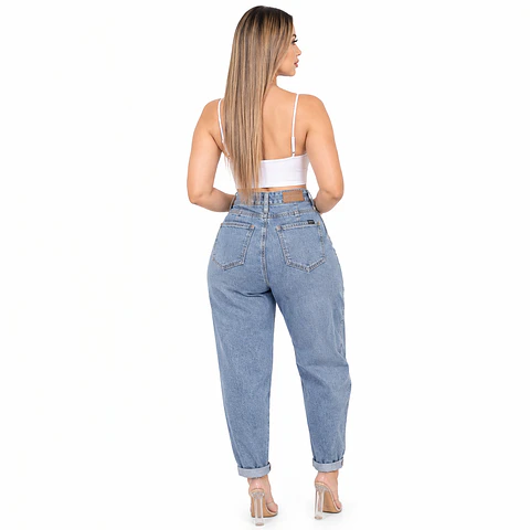 1157 | Barrel Mezclilla Azul Tiro Alto Elasticado con Push-Up