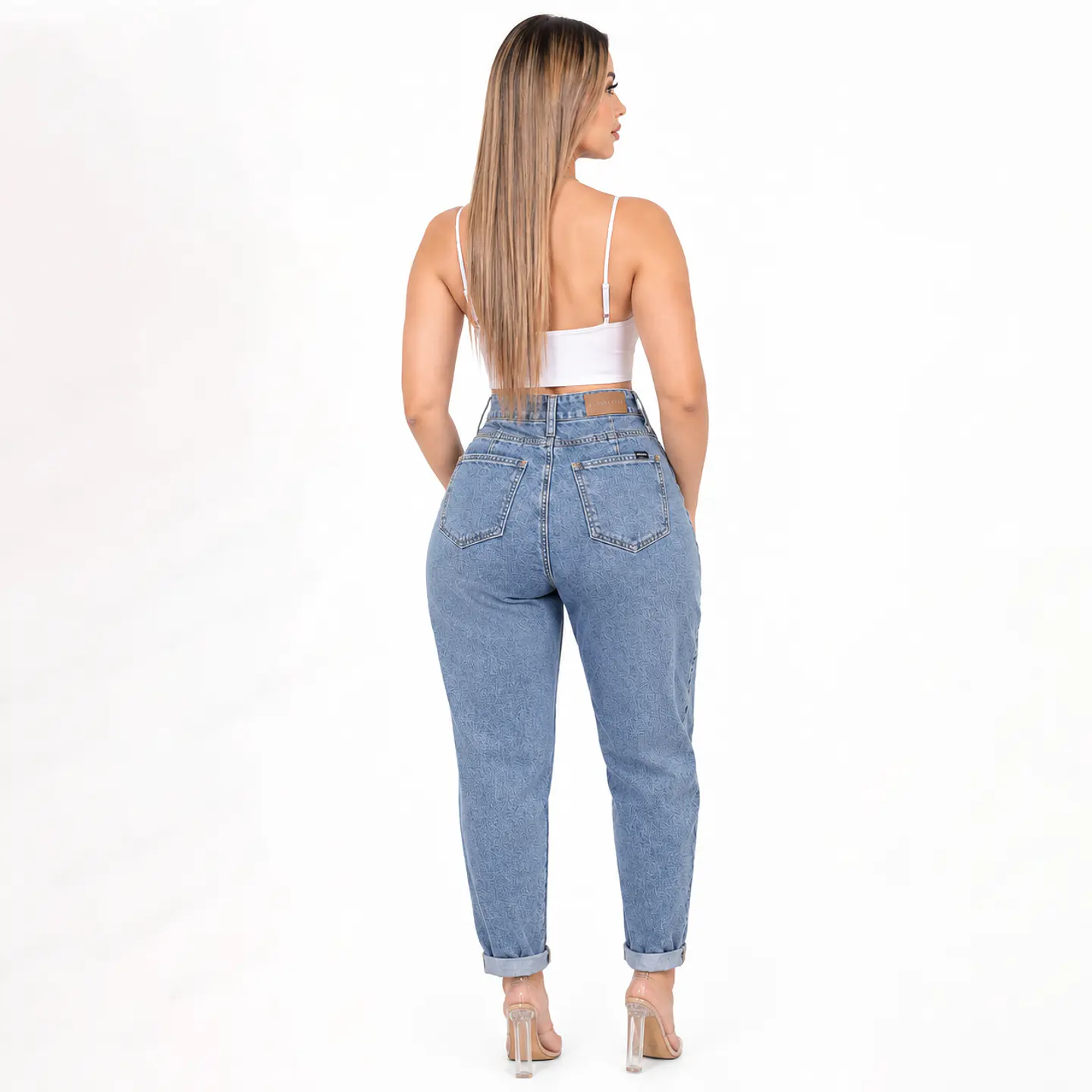 1157 | Barrel Mezclilla Azul Tiro Alto Elasticado con Push-Up 2