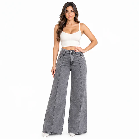 J9397 | Wide Leg Mezclilla Linea Frontal Gris Acid Wash Tiro Alto con Push-Up