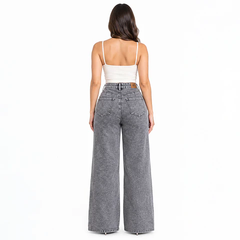 J9397 | Wide Leg Mezclilla Linea Frontal Gris Acid Wash Tiro Alto con Push-Up