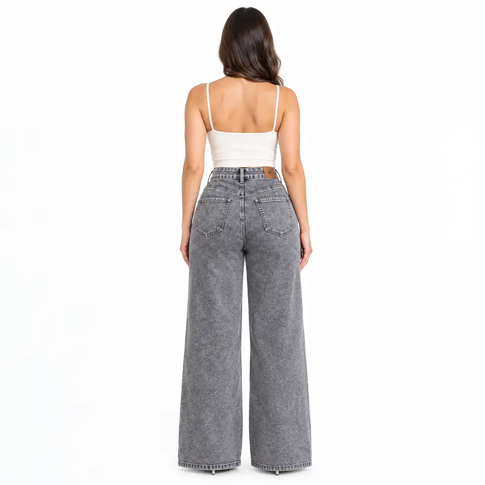 J9397 | Wide Leg Mezclilla Linea Frontal Gris Acid Wash Tiro Alto con Push-Up 2