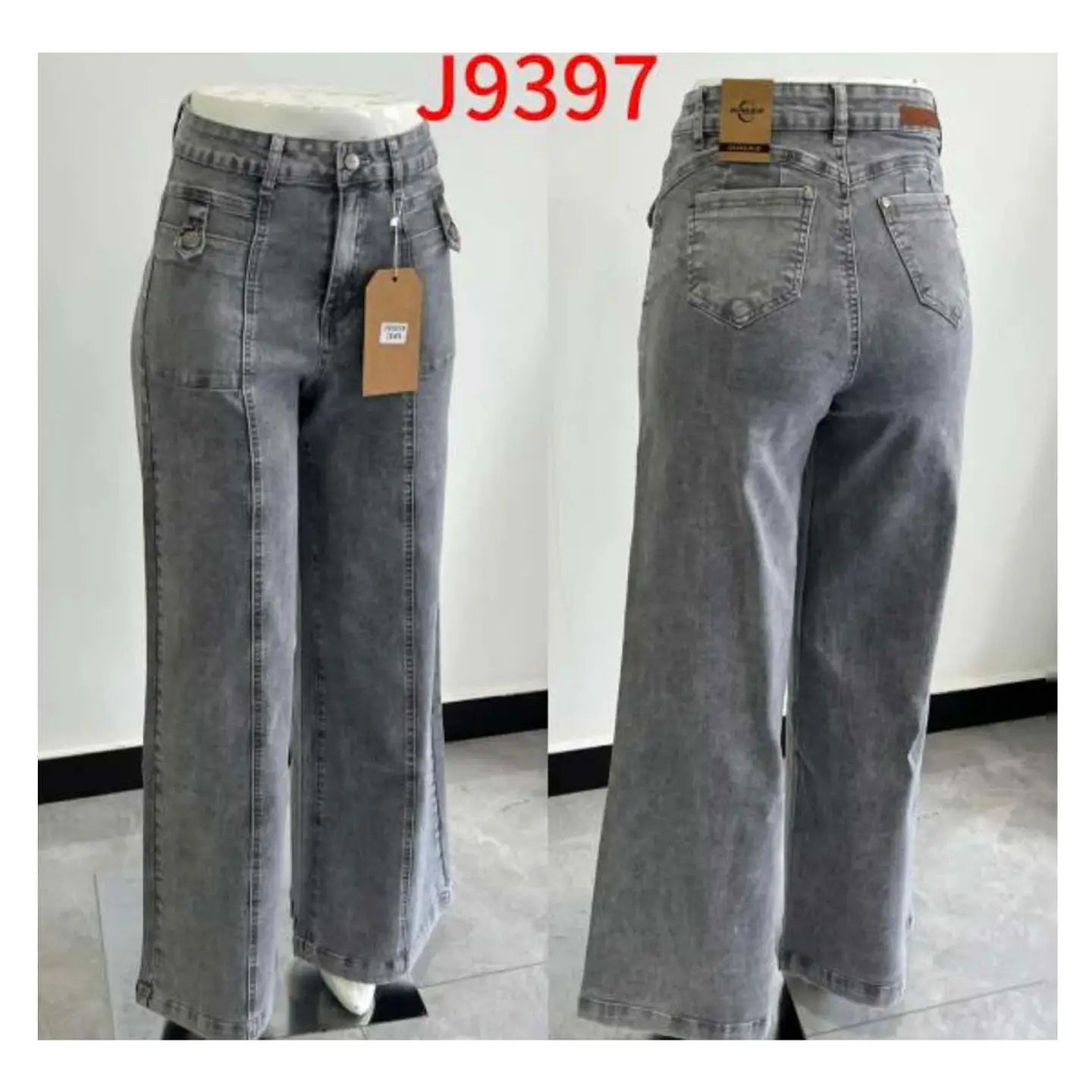J9397 | Wide Leg Mezclilla Linea Frontal Gris Acid Wash Tiro Alto con Push-Up 3