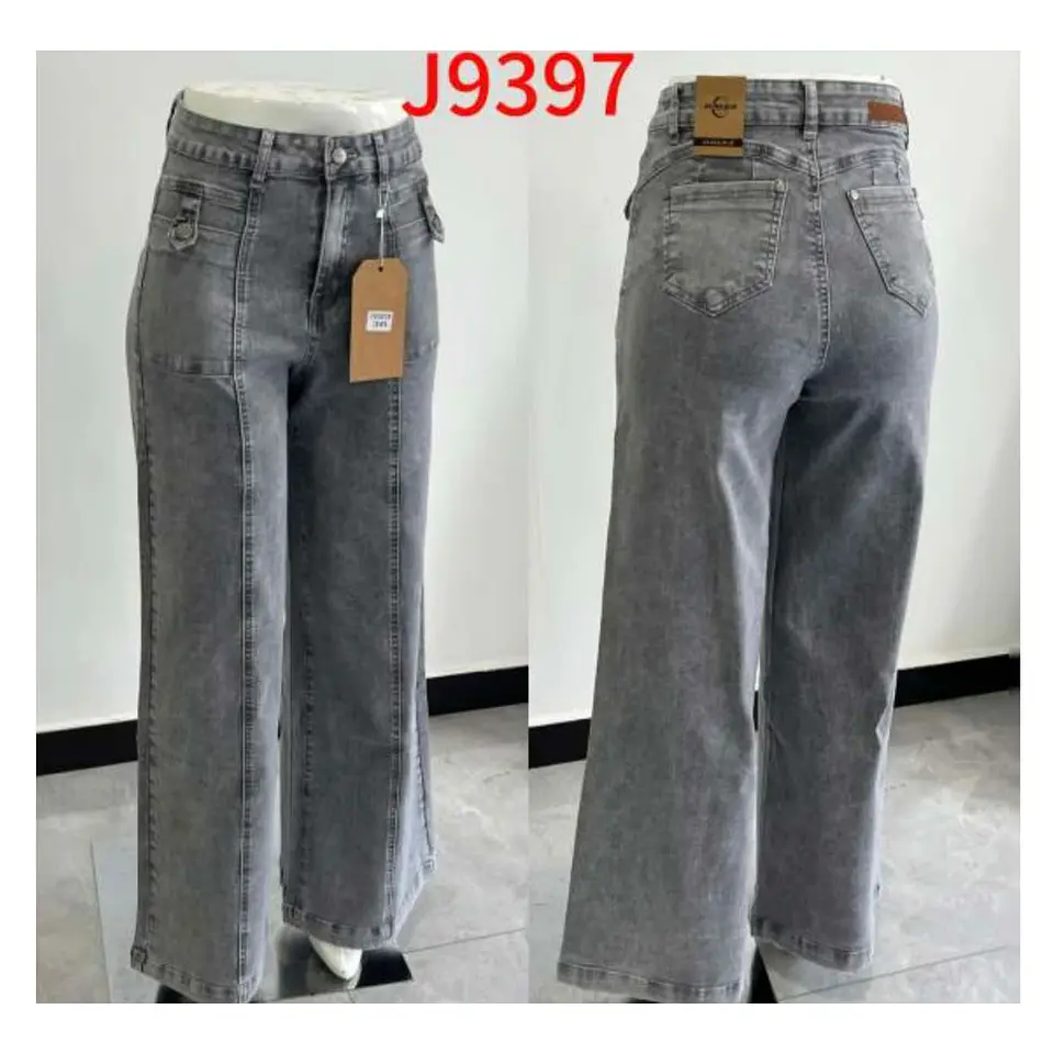 J9397 | Wide Leg Mezclilla Linea Frontal Gris Acid Wash Tiro Alto con Push-Up 3