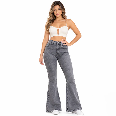 9385 | Flare Elasticado Tiro Alto Gris Acid Wash con Push-Up