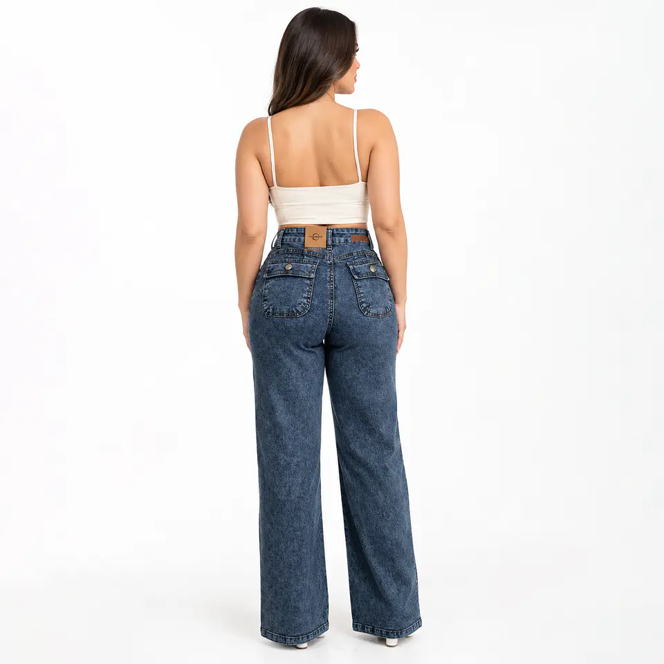 J9353 | Wide Leg Mezclilla Azul Acid Wash Tiro Alto con Push-Up 2