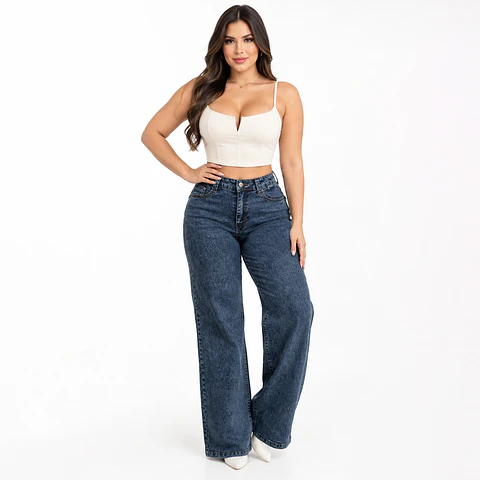J9353 | Wide Leg Mezclilla Azul Acid Wash Tiro Alto con Push-Up
