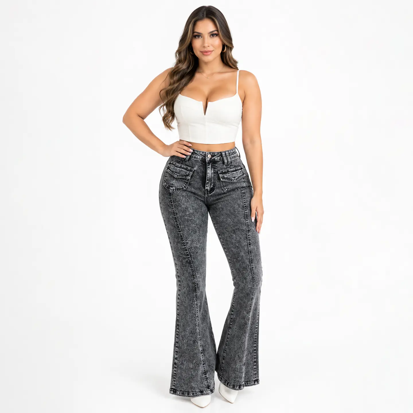 9371 | Flare Elasticado Grafito Acid Wash Tiro Alto con Push-Up 1