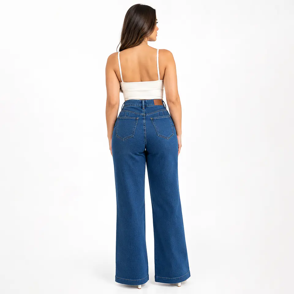 9409 | Wide Leg Ligero Elasticado Azul Lavado Tiro Alto con Push-Up 2