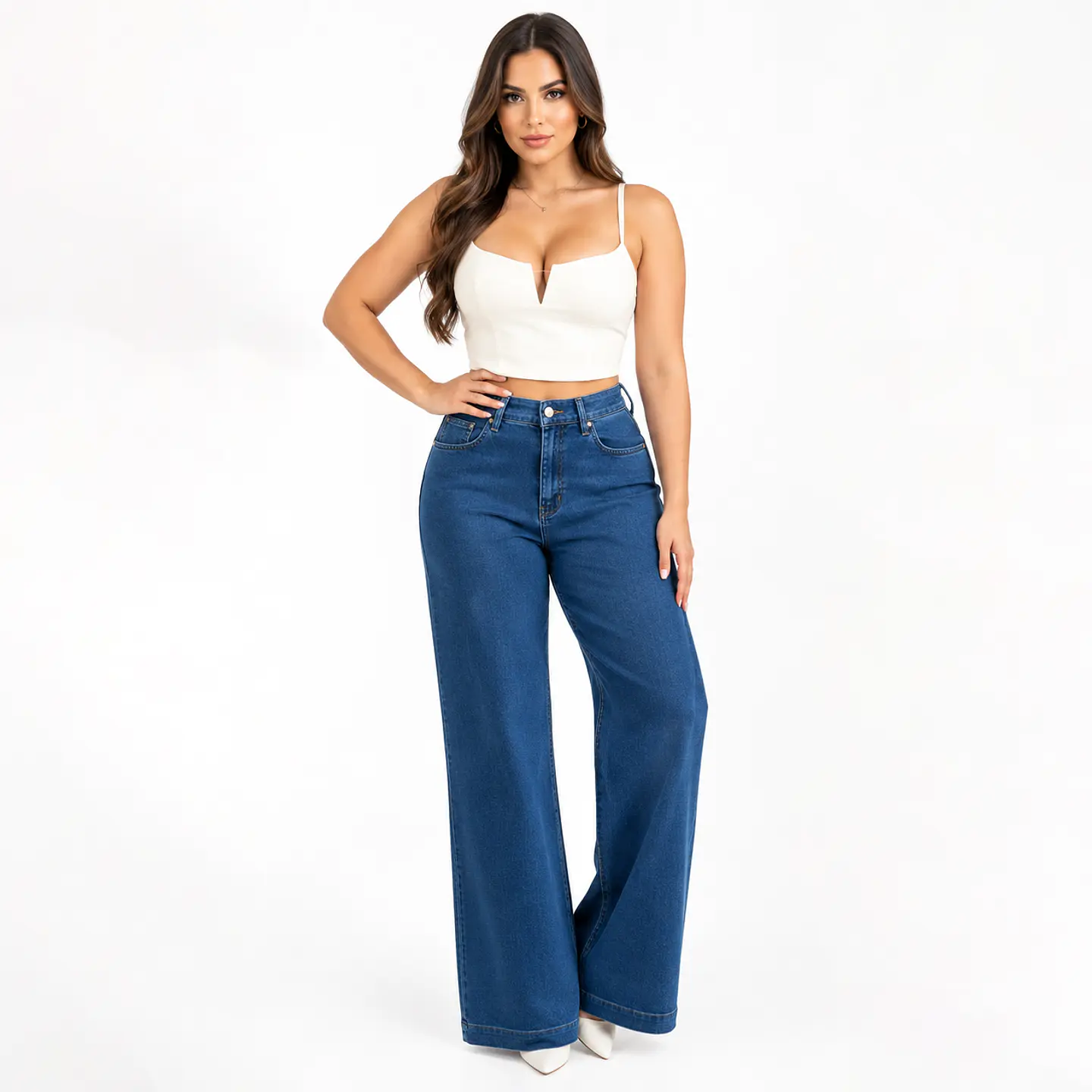 9409 | Wide Leg Ligero Elasticado Azul Lavado Tiro Alto con Push-Up 1