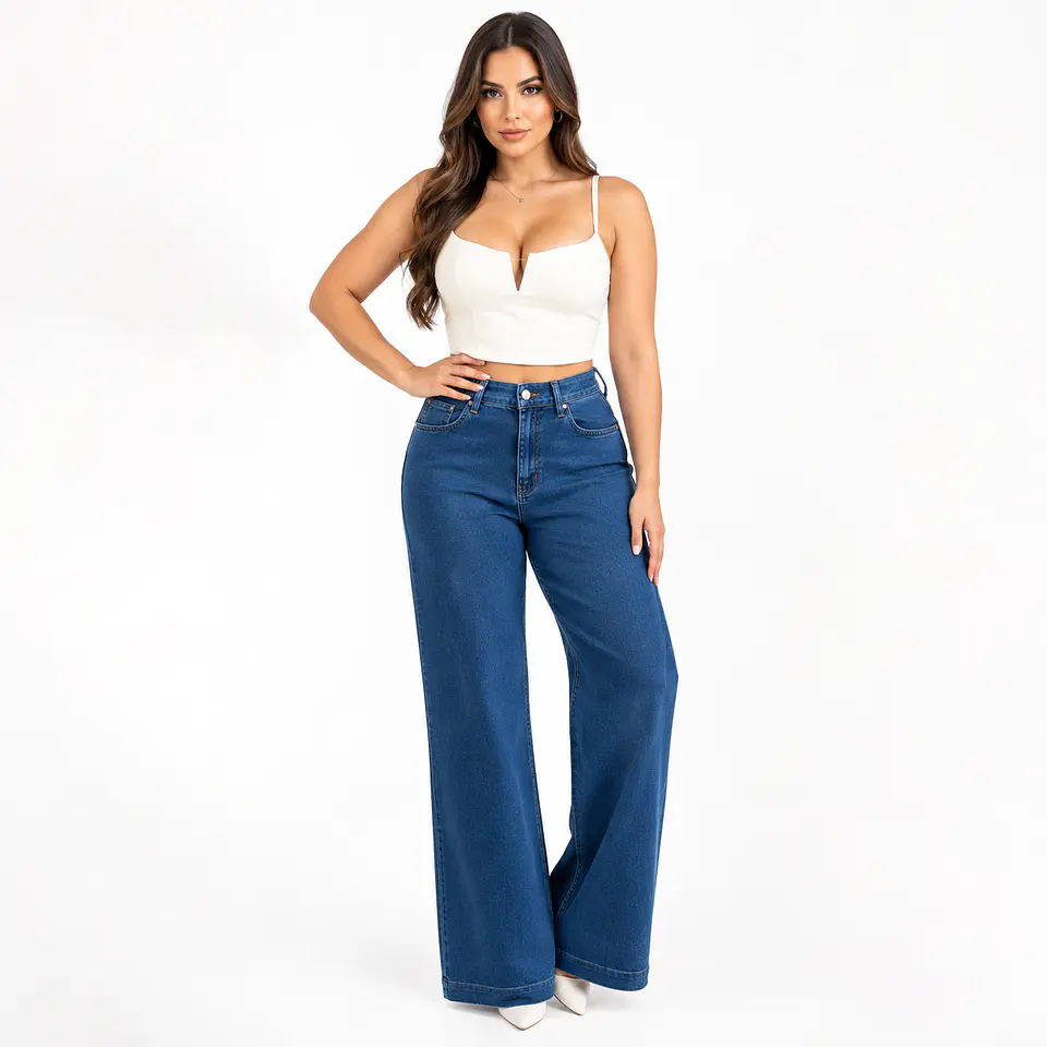 9409 | Wide Leg Ligero Elasticado Azul Lavado Tiro Alto con Push-Up 1