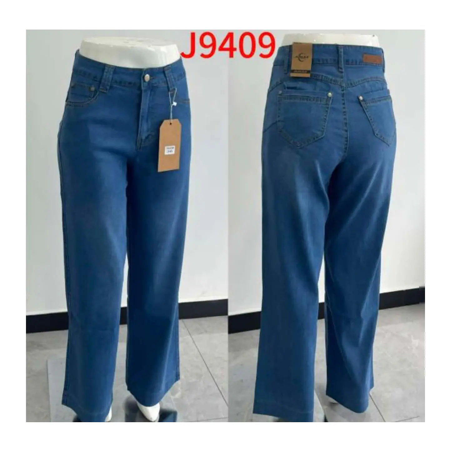 9409 | Wide Leg Ligero Elasticado Azul Lavado Tiro Alto con Push-Up 3