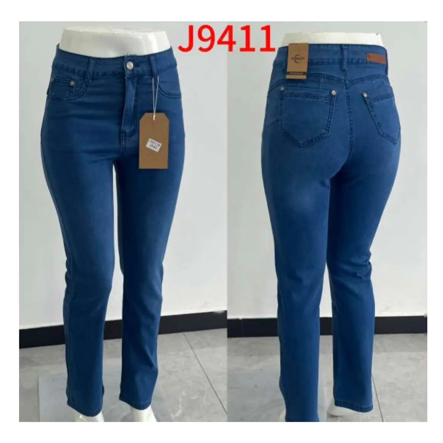 9411 | Jeans Recto Elasticado Azul Lavado Tiro Alto con Push-Up 3