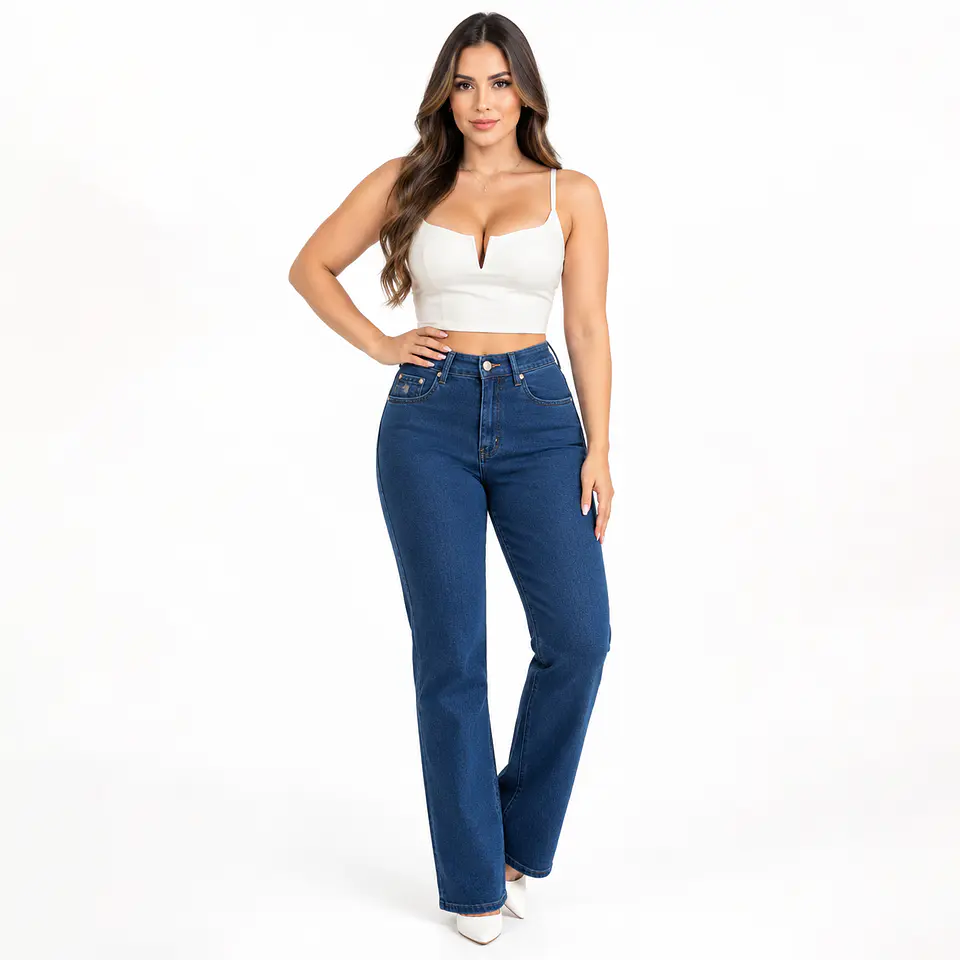 9411 | Jeans Recto Elasticado Azul Lavado Tiro Alto con Push-Up 1
