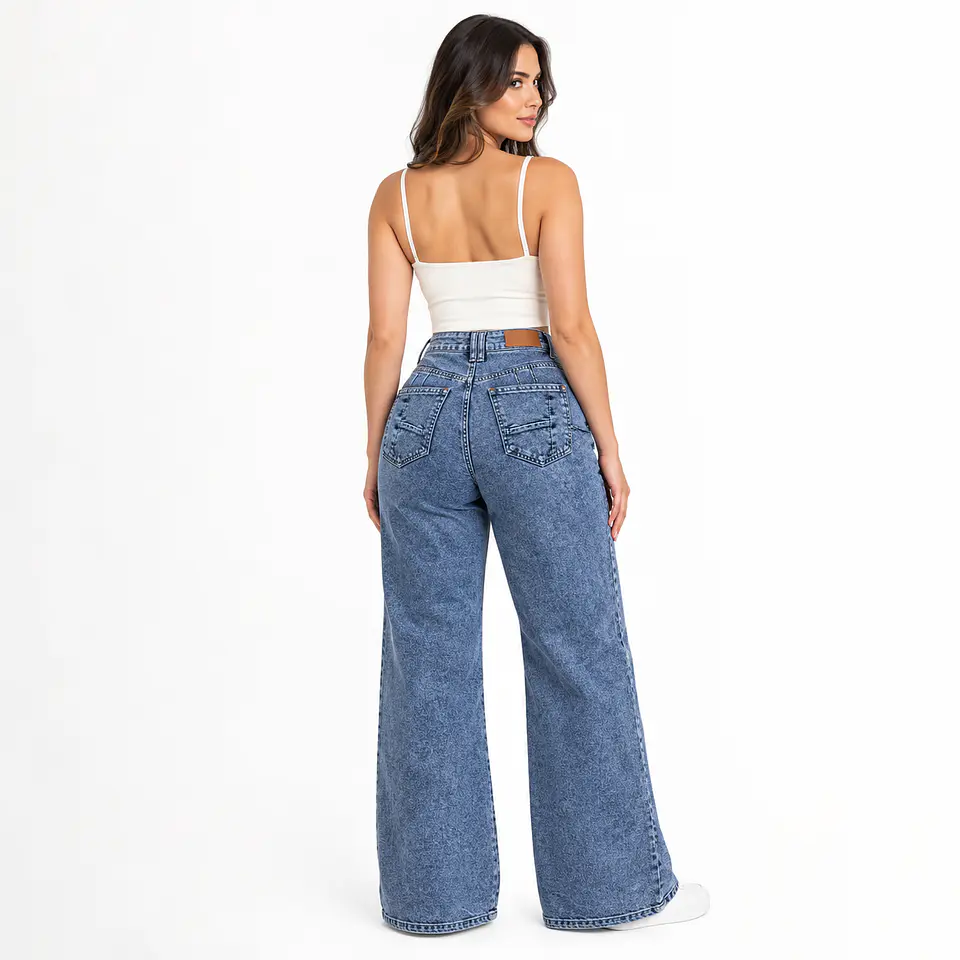 9182 | Wide Leg Palazo Azul Acid Wash Elasticado Tiro Alto con Push-Up 2