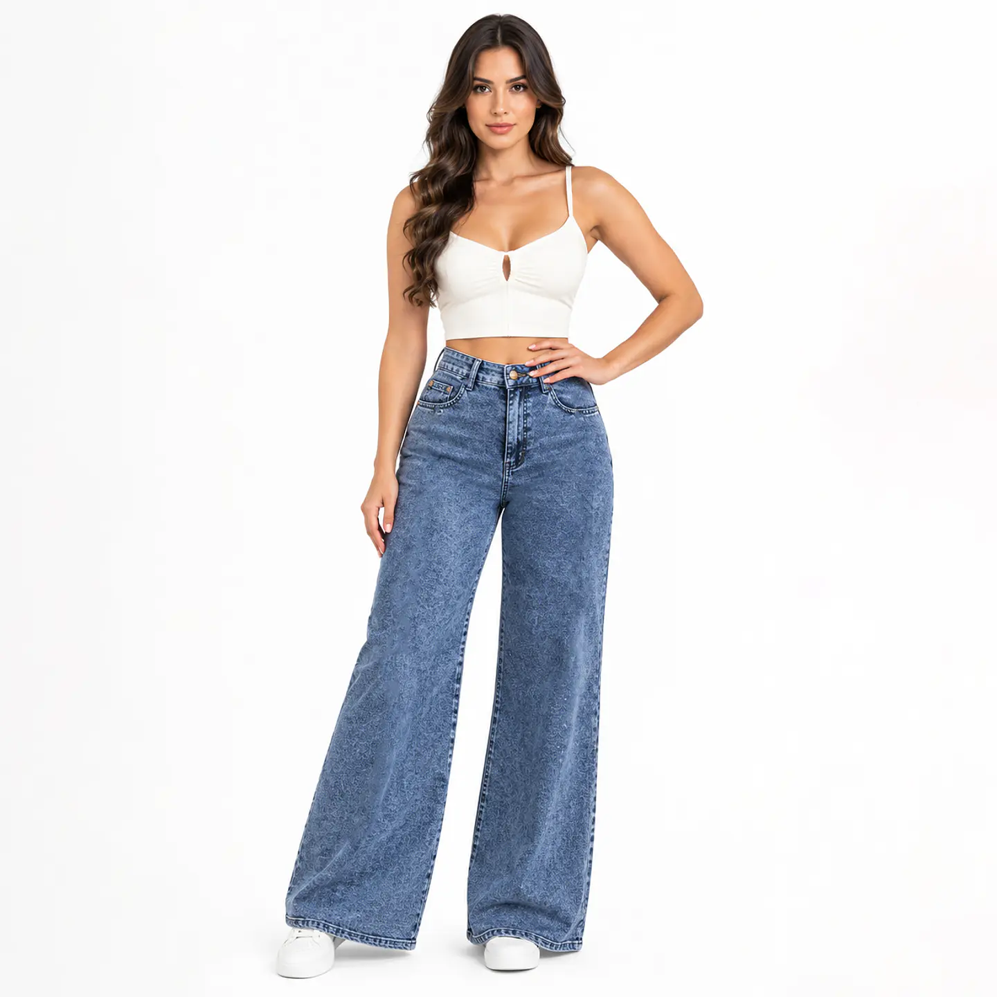 9182 | Wide Leg Palazo Azul Acid Wash Elasticado Tiro Alto con Push-Up 1
