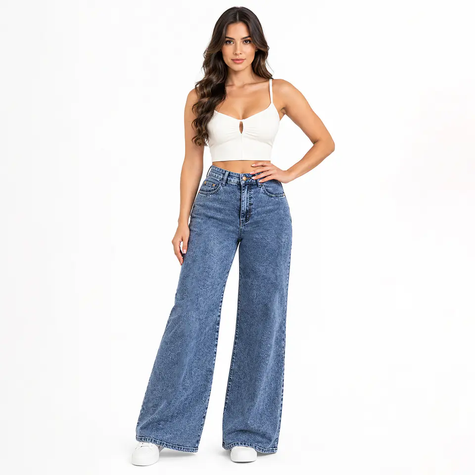 9182 | Wide Leg Palazo Azul Acid Wash Elasticado Tiro Alto con Push-Up 1