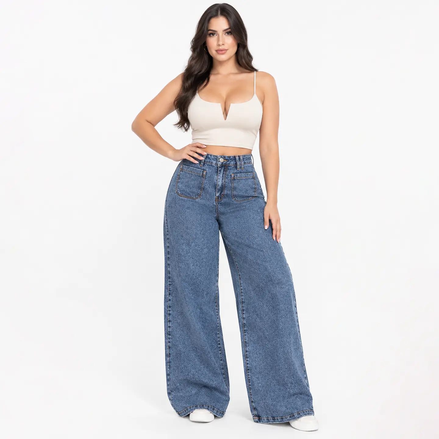 9194 | Wide Leg Palazo Azul Acid Wash Elasticado Tiro Alto con Push-Up 1