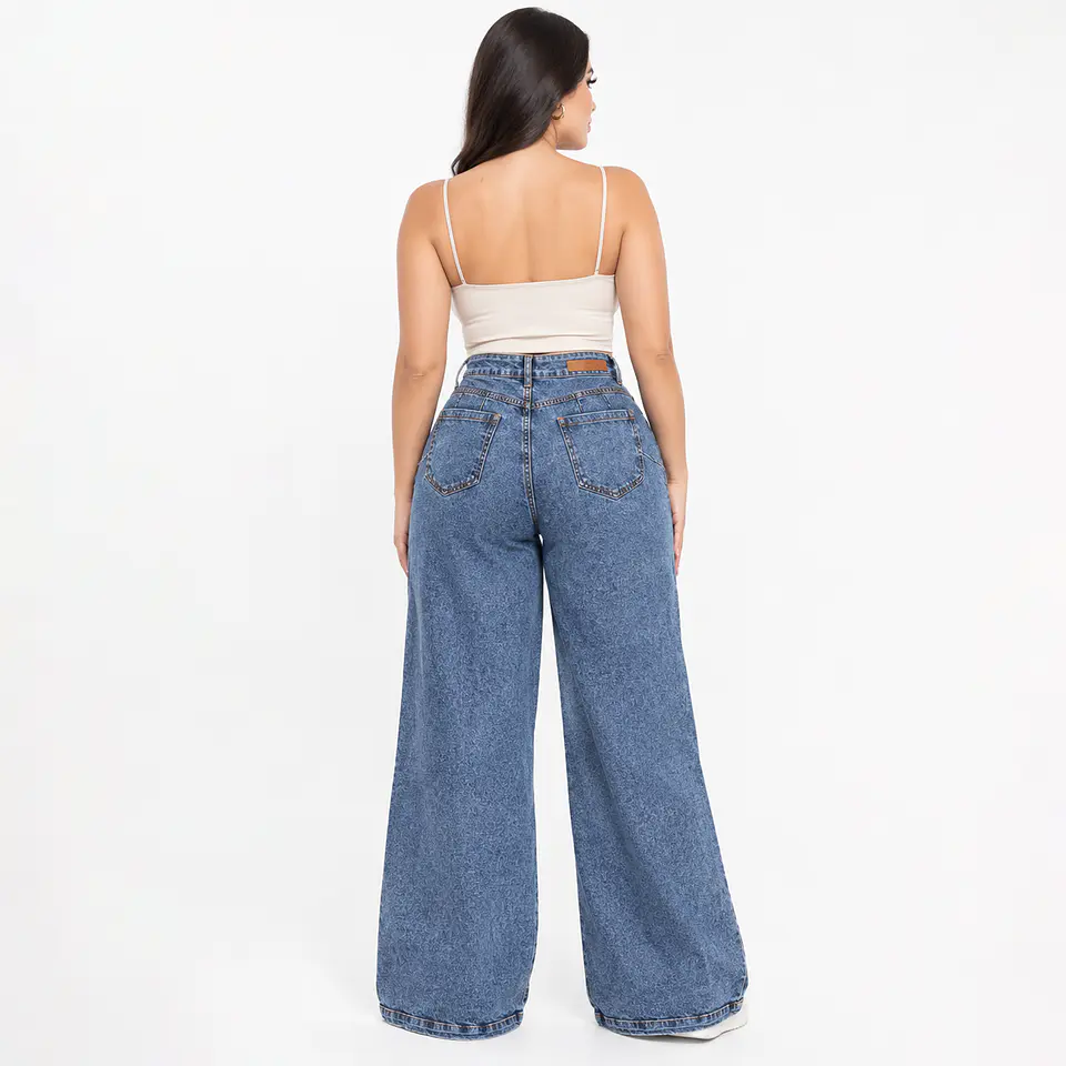 9194 | Wide Leg Palazo Azul Acid Wash Elasticado Tiro Alto con Push-Up 2