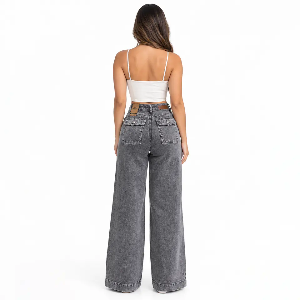9399 | Wide Leg Palazo Gris Cenizo Elasticado Tiro Alto con Push-Up 2