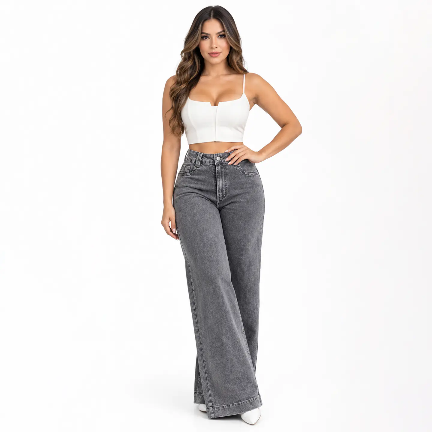 9399 | Wide Leg Palazo Gris Cenizo Elasticado Tiro Alto con Push-Up 1
