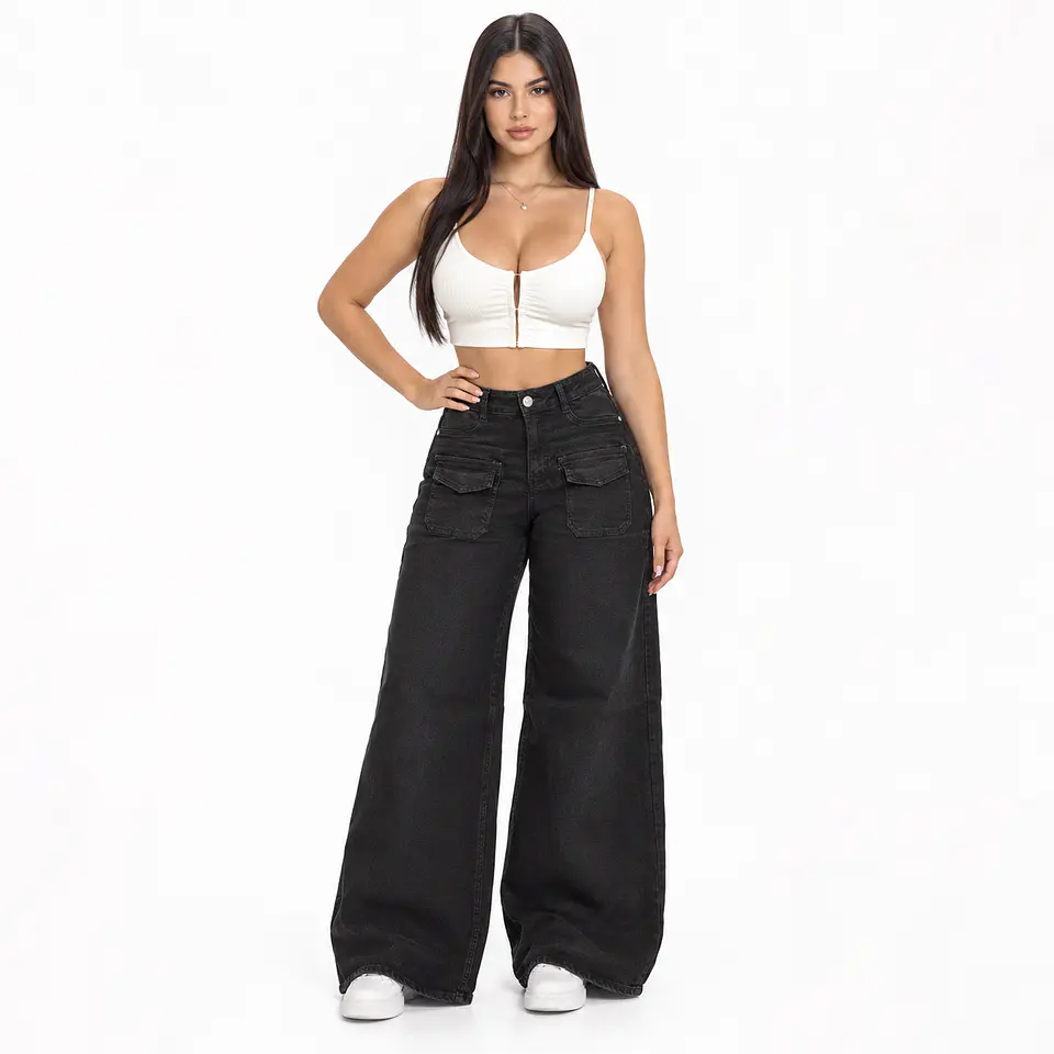 MB7014-3 | Wide Leg Palazo Cargo Negro Solido Super Elasticado Tiro Alto con Push-Up 1