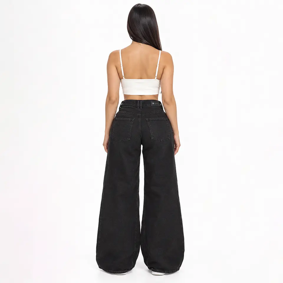 MB7014-3 | Wide Leg Palazo Cargo Negro Solido Super Elasticado Tiro Alto con Push-Up 2