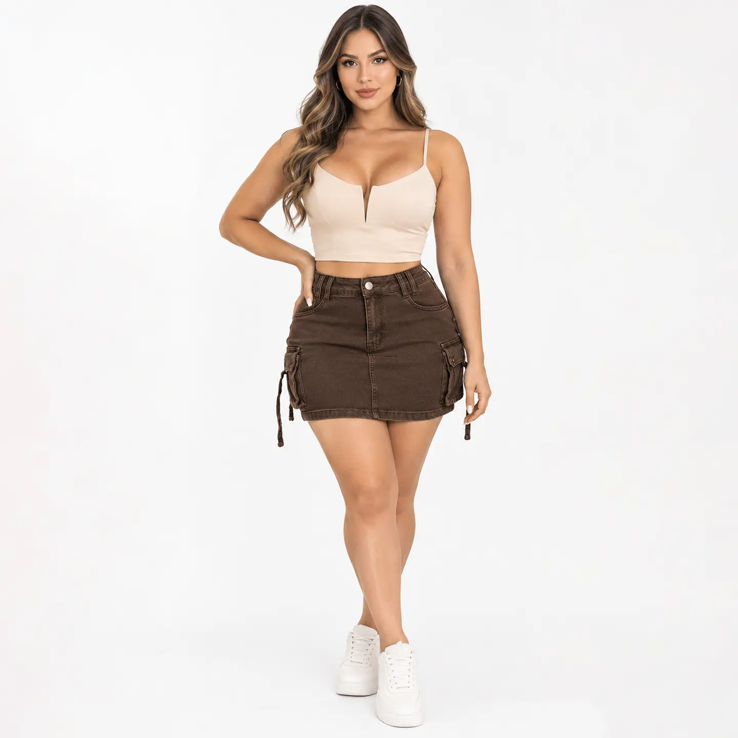 J3066 | Falda Cargo Mezclilla Tiro Alto Marrón Chocolate con Push-Up 1
