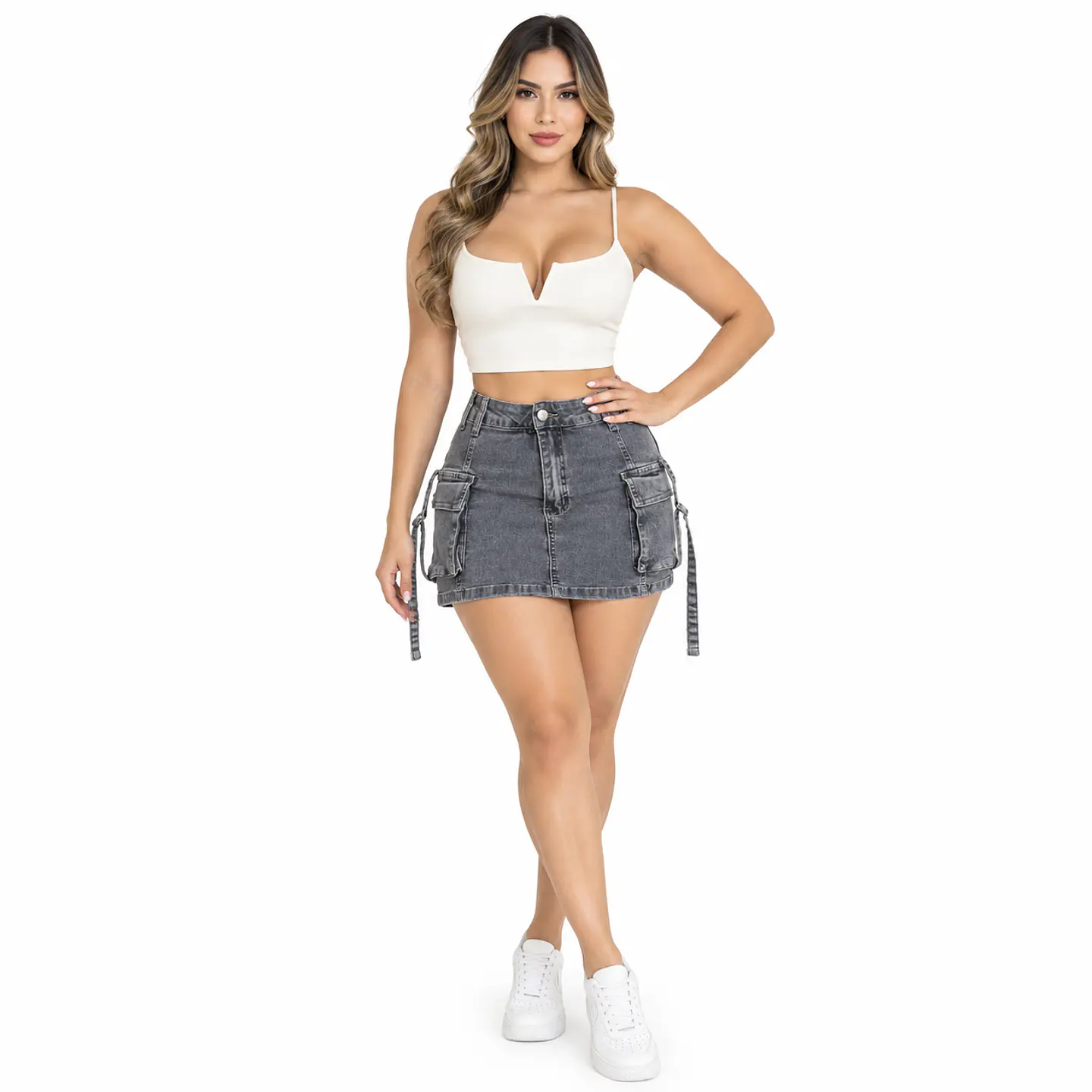 J2124 | Falda Short Cargo de Mezclilla Gris Ceniza Tiro Alto con Push-Up 1