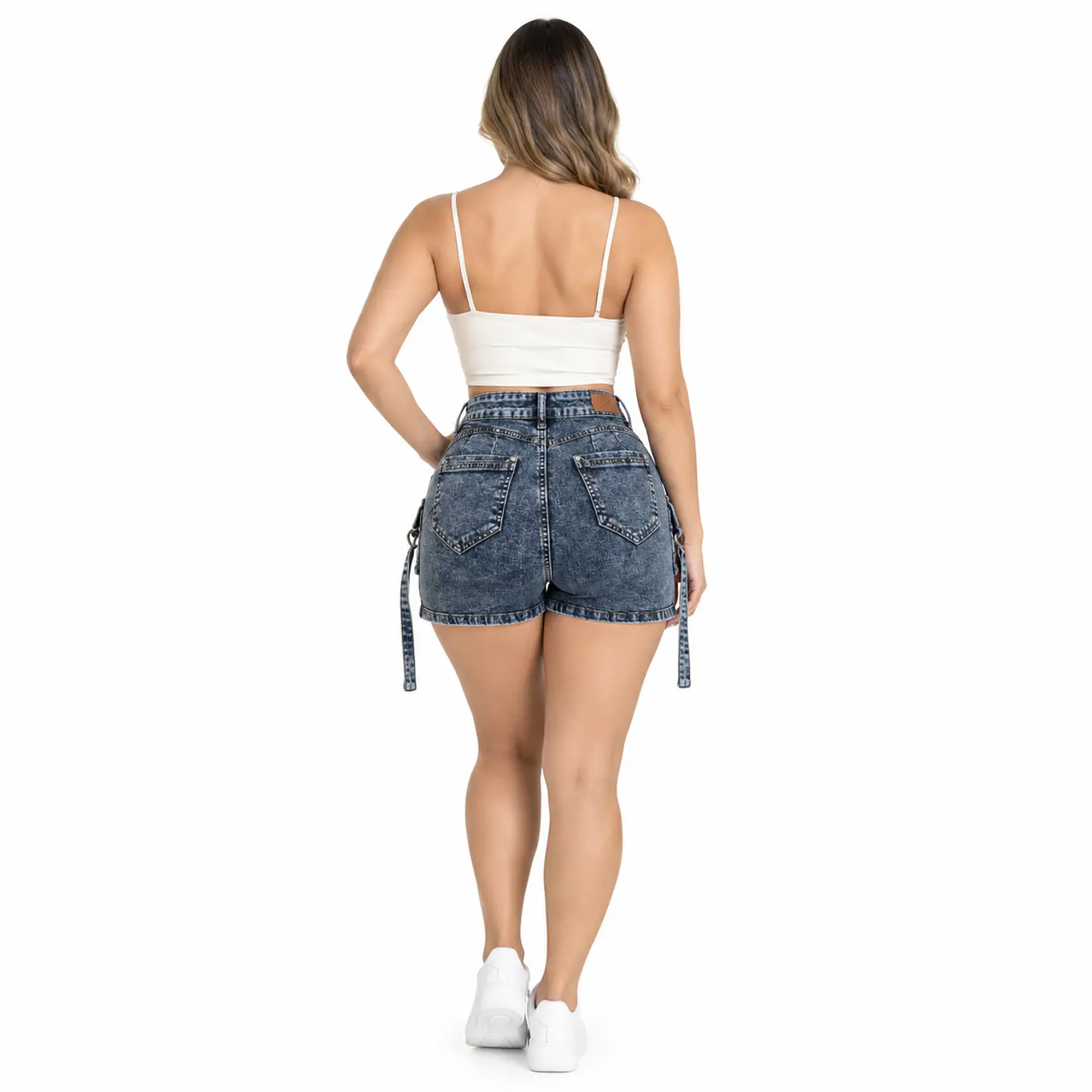 J2120 | Falda Short Cargo de Mezclilla Azul Acid Wash Tiro Alto con Push-Up 2