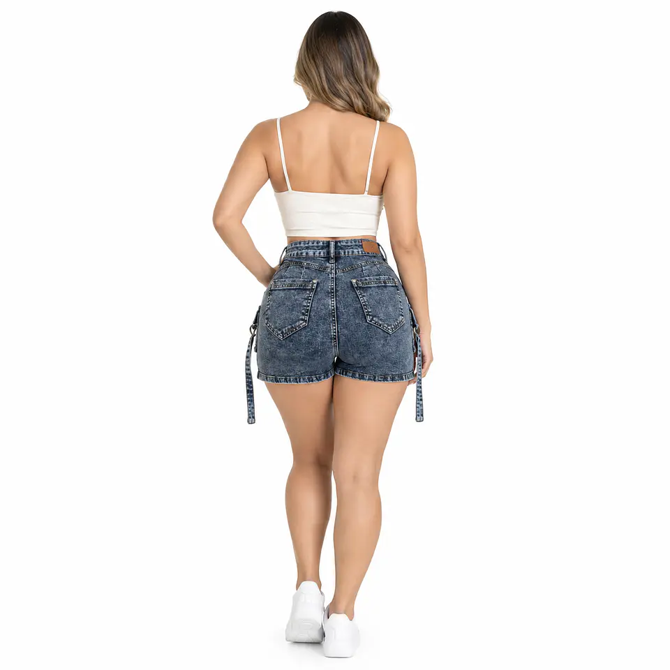 J2120 | Falda Short Cargo de Mezclilla Azul Acid Wash Tiro Alto con Push-Up 2
