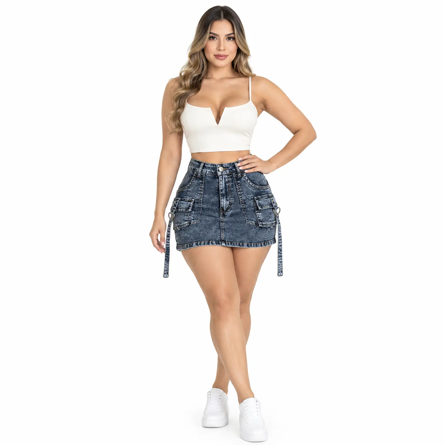 J2120 | Falda Short Cargo de Mezclilla Azul Acid Wash Tiro Alto con Push-Up 1