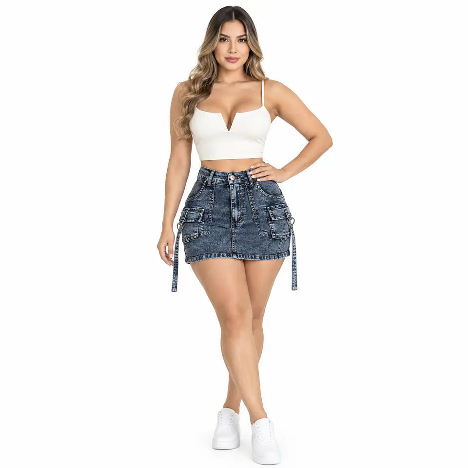 J2120 | Falda Short Cargo de Mezclilla Azul Acid Wash Tiro Alto con Push-Up 1