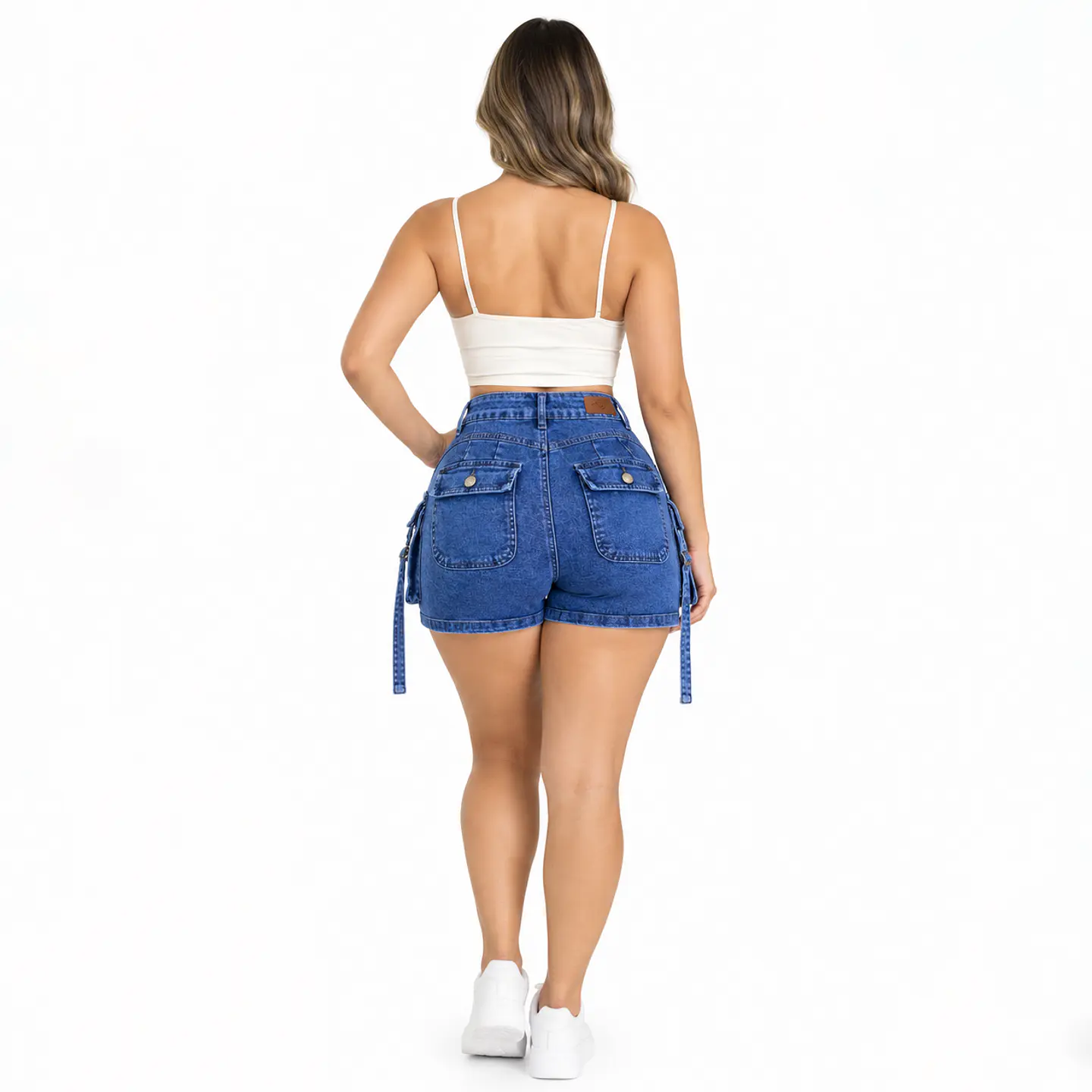 J2119 | Falda Short Cargo de Mezclilla Azul Medio de Tiro Alto con Push-Up 2