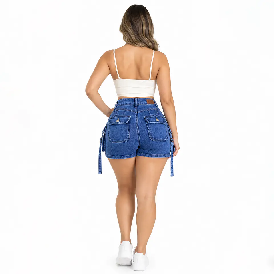 J2119 | Falda Short Cargo de Mezclilla Azul Medio de Tiro Alto con Push-Up 2