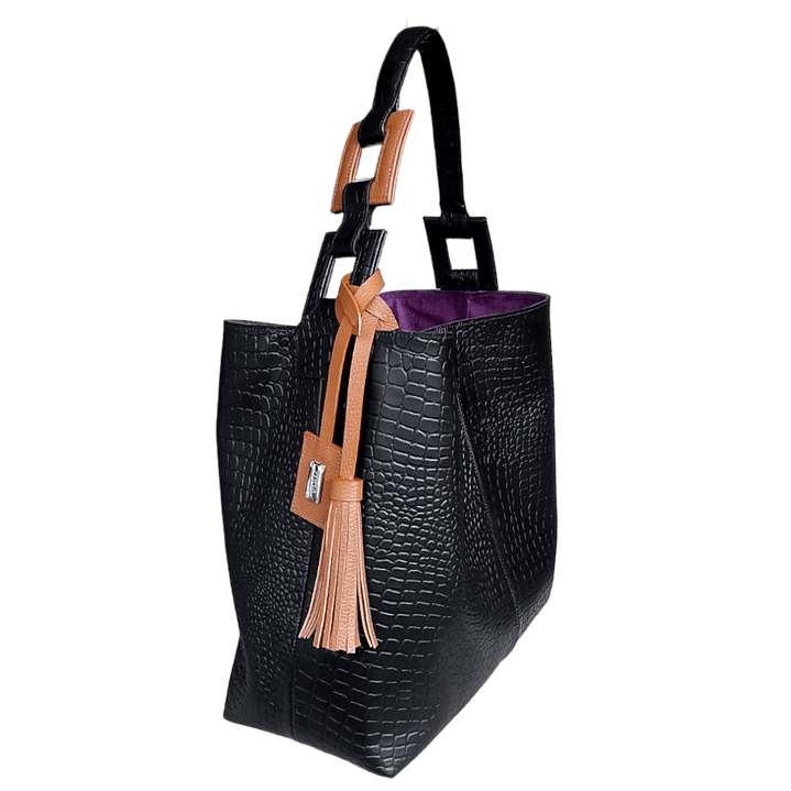 Bolso en cuero para mujer Valentina Reptil Negro con miel 3