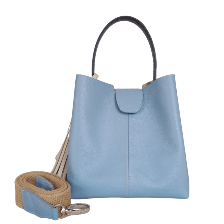 Bolso grande en cuero para mujer Camila azul celeste y negro 1