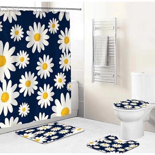 Juego Set De Baño Cortinas Alfombras Accesorios Baños 4 En 1