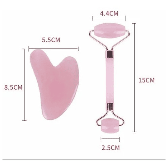 Rodillo Masaje Facial Linfático + Piedra Gua Sha Rosa