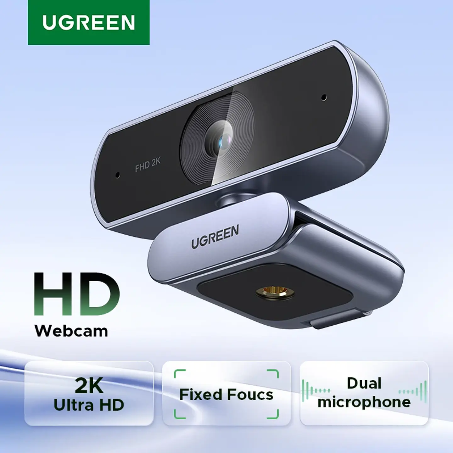 Cámara web UGREEN 2K con micrófono, cámara USB Full HD, campo de visión ajustable y corrección automática de luz 1