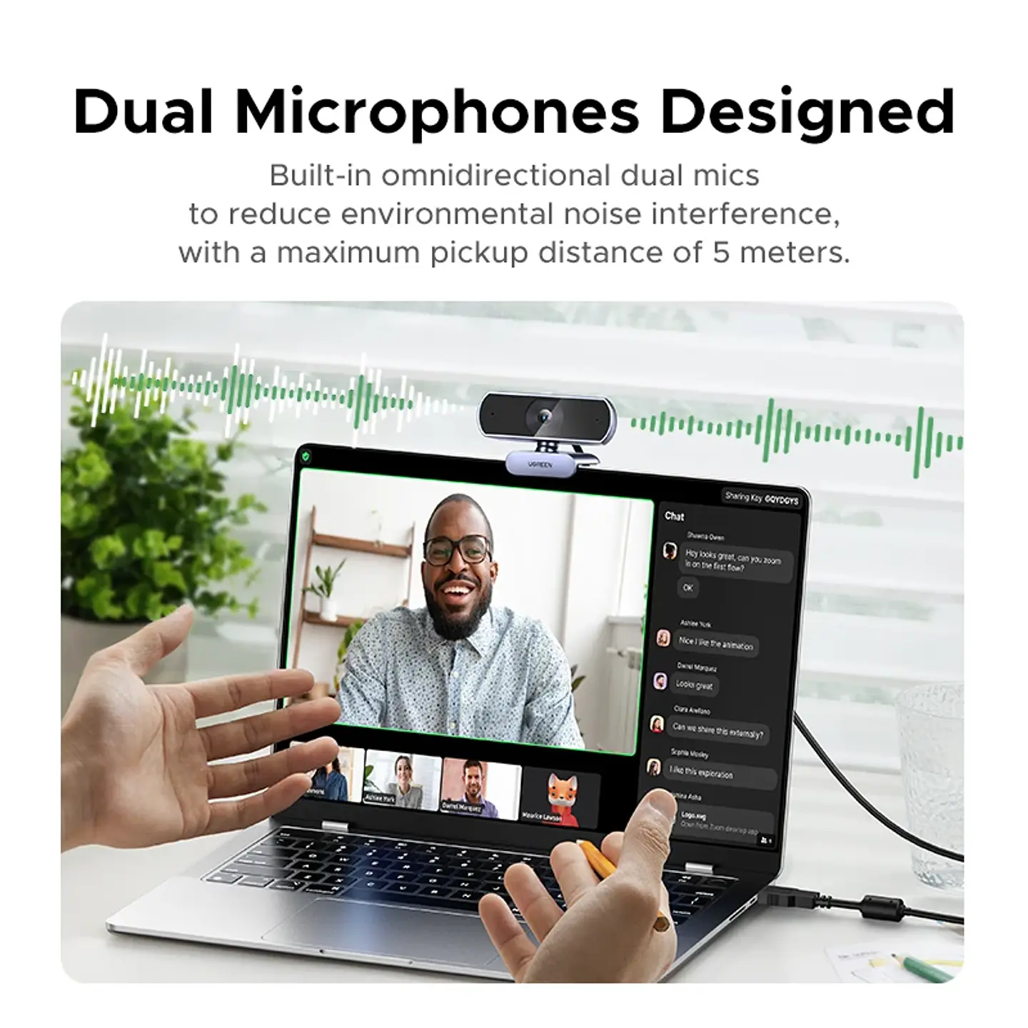 Cámara web UGREEN 2K con micrófono, cámara USB Full HD, campo de visión ajustable y corrección automática de luz 3