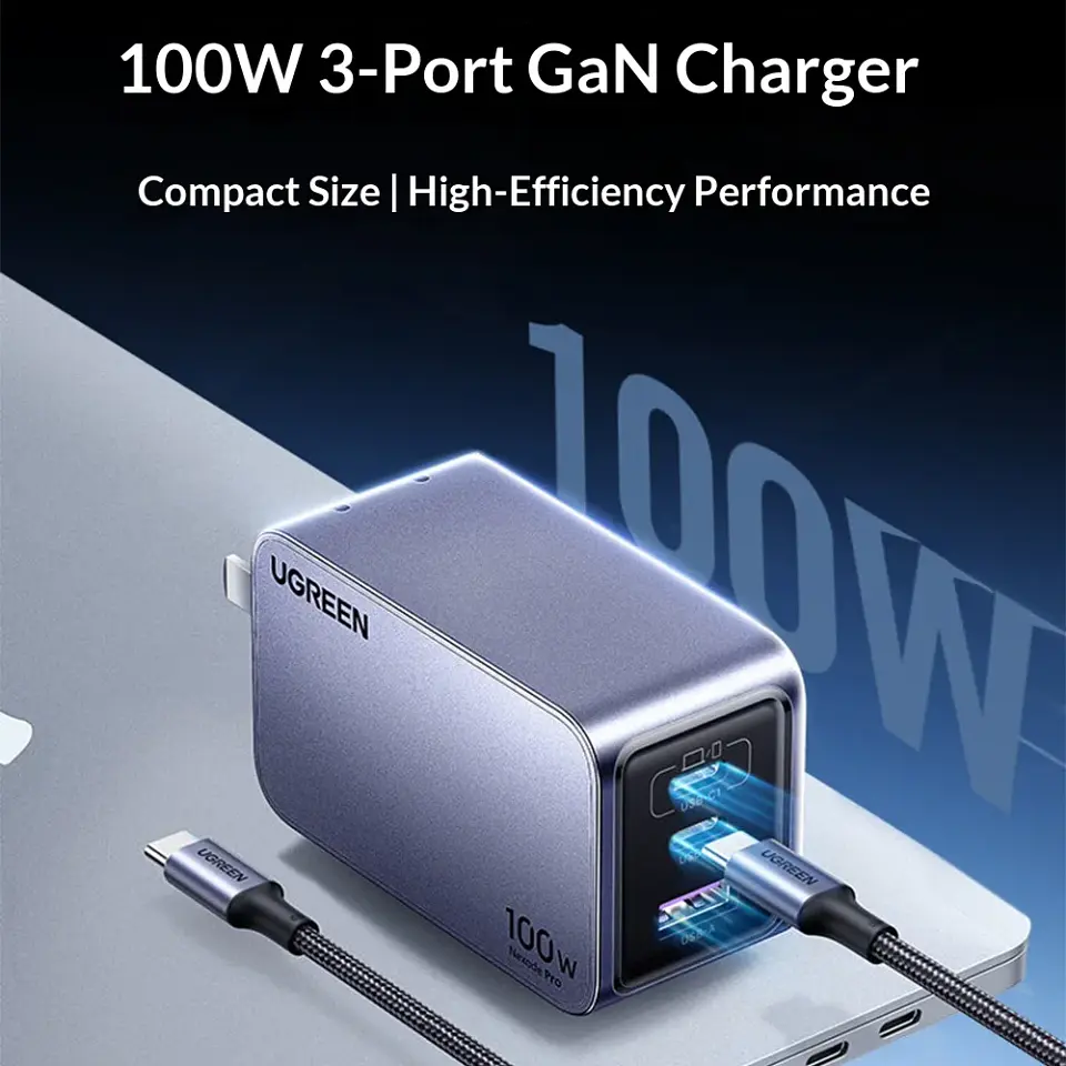 UGREEN 100W Travel GaN Charger Kit, 3 Output Ports, 1.5m 5A Type-C Braided Cord, Fast Charge for Laptop Mobile Devices 1